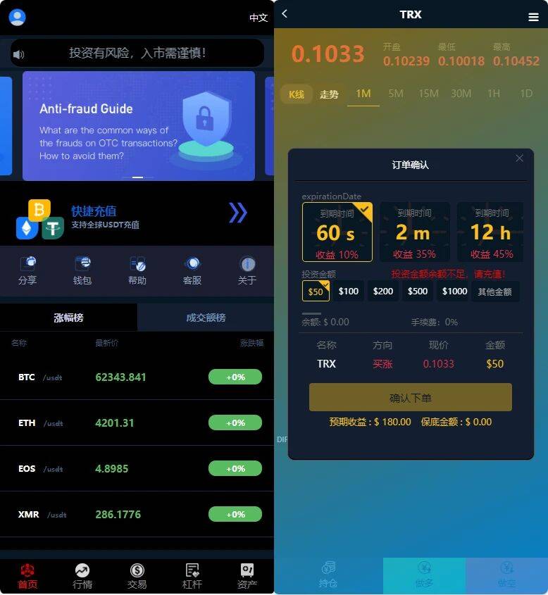 全新 UI 多语言微盘系统源码，外汇 / 虚拟币 + USDT 充值 + 后台控盈亏！