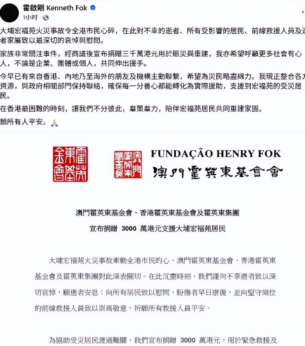 香港大火捐款，韩红基金会捐款千万，霍启刚代表家族支援