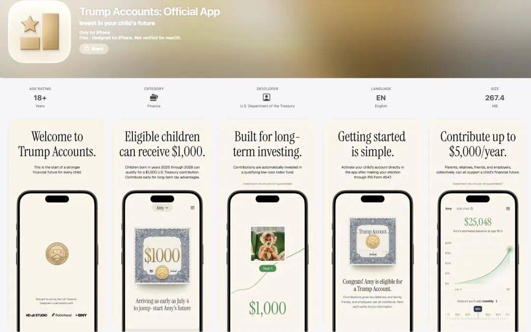 “特朗普账户”App上线：美国新生儿每人可获1000美元，强制投向标普500 ETF